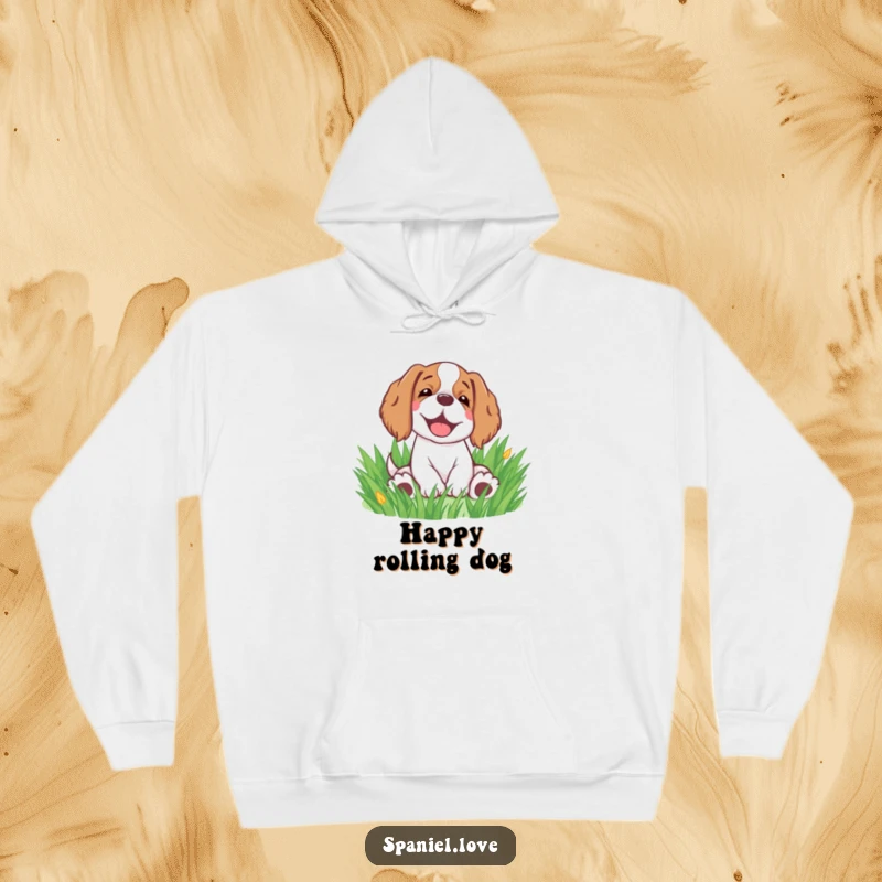 Funny spaniel hoodie with a happy sigh while rolling in grass, perfect for cozy, humorous wear.