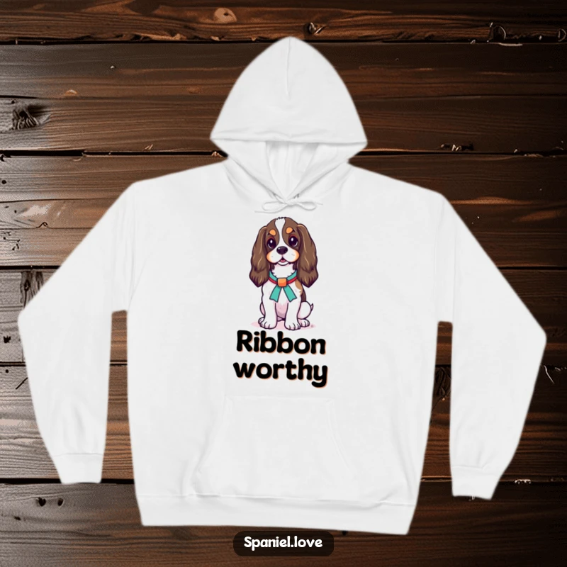 Funny Spaniel Ribbon Hoodie: A proud spaniel stands elegantly, adorned with a festive ribbon, radiating sophisticated charm.