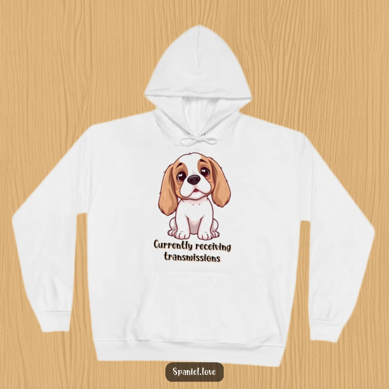 Funny spaniel hoodie with a dog listening intently, ears perked, head tilted, offering a humorous and cozy feel, a great gift idea.