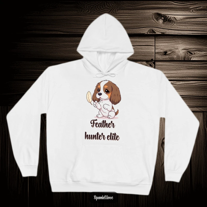 Funny spaniel hoodie featuring tiny paws batting at a feather, offering cozy comfort and charming appeal.