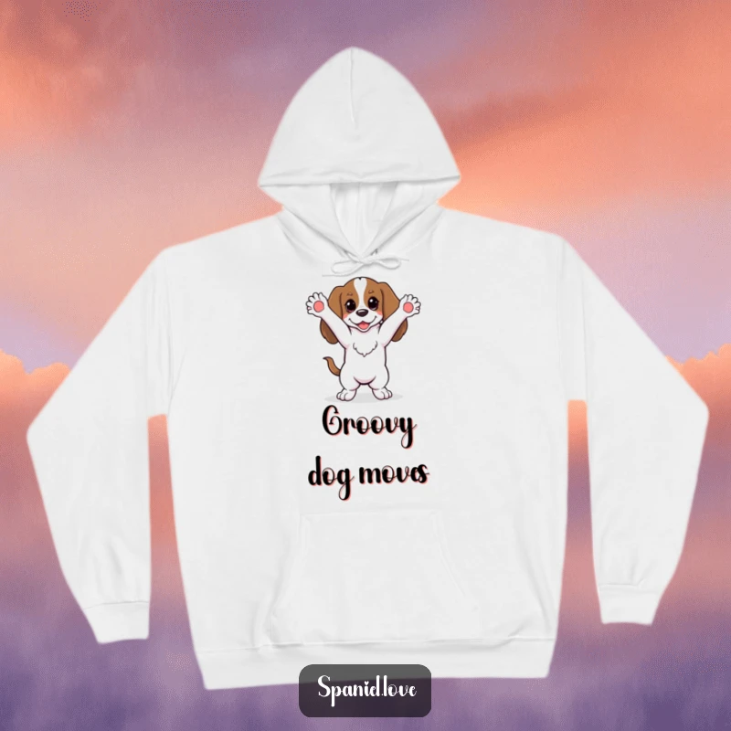 Funny spaniel doing a silly dance with paws in the air on a hoodie, perfect for cozy, humorous dance sessions.