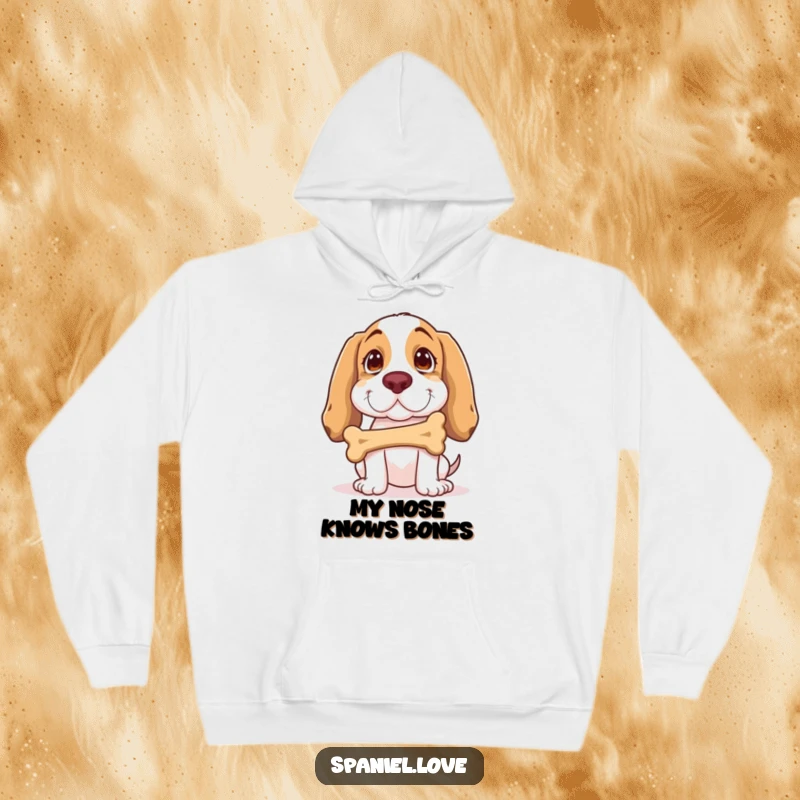 Funny Spaniel Hoodie: A spaniel is depicted balancing a bone on its nose with adorable, focused concentration, perfect for cozying up.