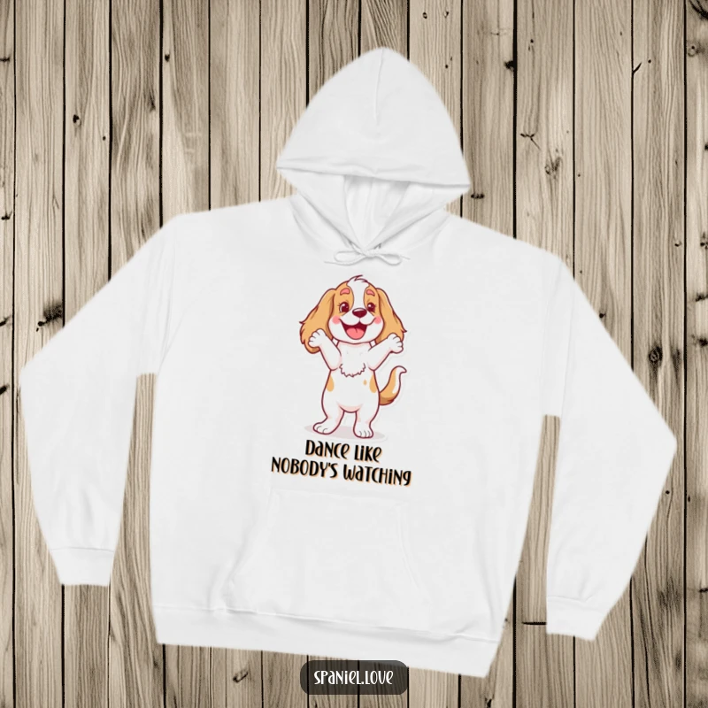 Funny Spaniel Hoodie: A comically happy dog character doing a lively dance with its tail wagging, perfect for cozy fun.