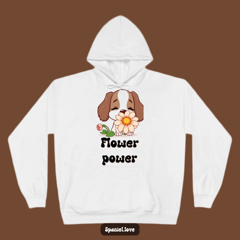 Funny Spaniel Flower Embrace Hoodie: Cozy Comfort with a Happy Dog's Delight.