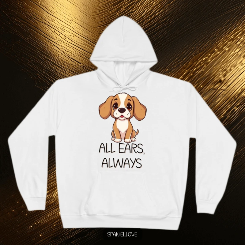 Funny Spaniel hoodie featuring a character tilting its head, listening with intense curiosity. This design embodies thoughtful attention and cozy comfort.