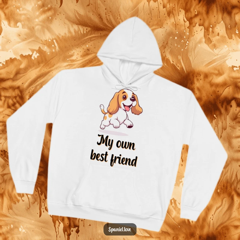 Funny hoodie depicting a spaniel with floppy ears, in a comical pose, joyfully spinning to catch its wagging tail.