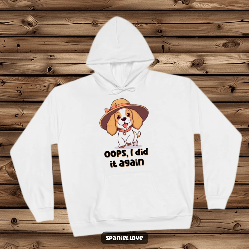 Funny spaniel hoodie, a playful dog tripping over its feet while wearing a huge, comical hat, symbolizing lighthearted fun.