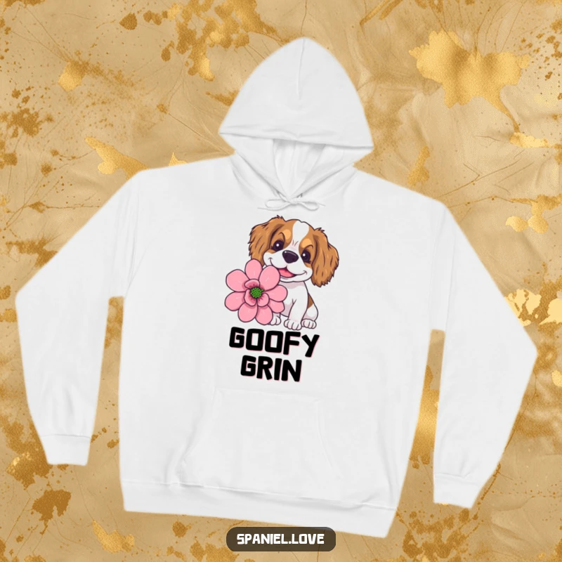 Soft hoodie featuring a funny spaniel with a wide, goofy smile sniffing a giant flower, embodying playful delight.