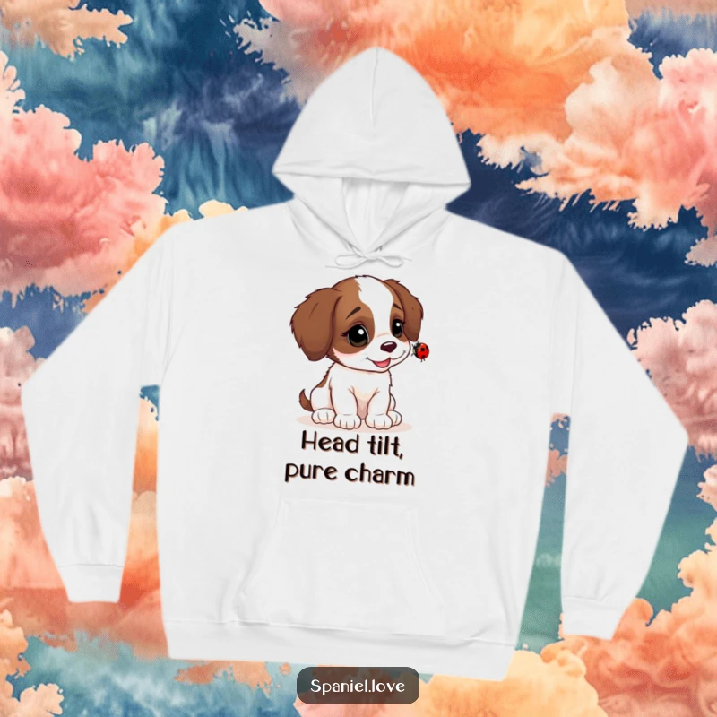 Funny Spaniel cub hoodie, head tilted inquisitively towards a ladybug, embodying a moment of gentle childhood curiosity.