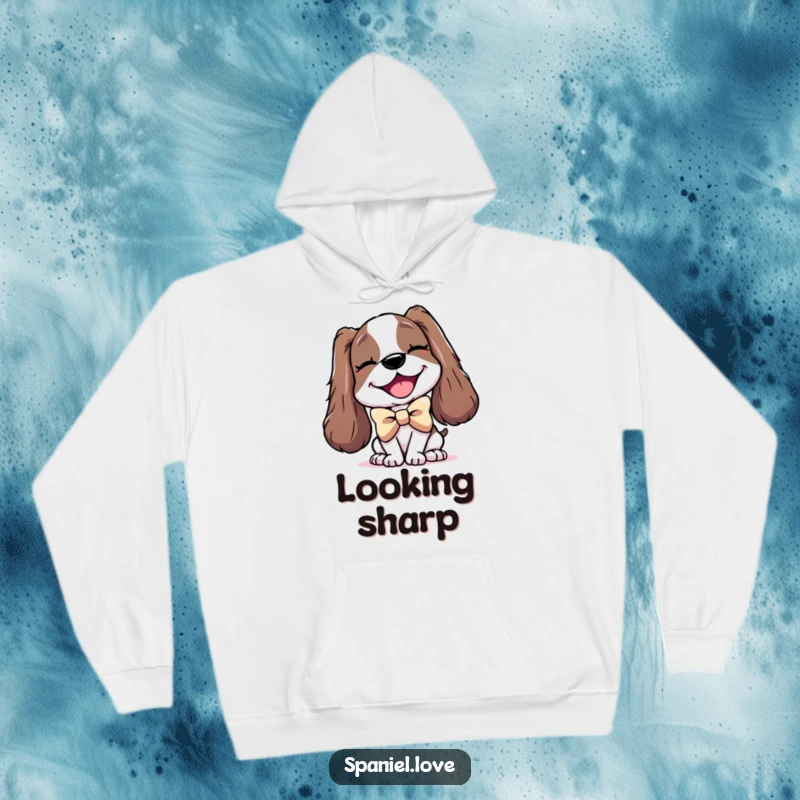 Funny hoodie illustrating a delighted spaniel character wearing an oversized bowtie and a charming wink.