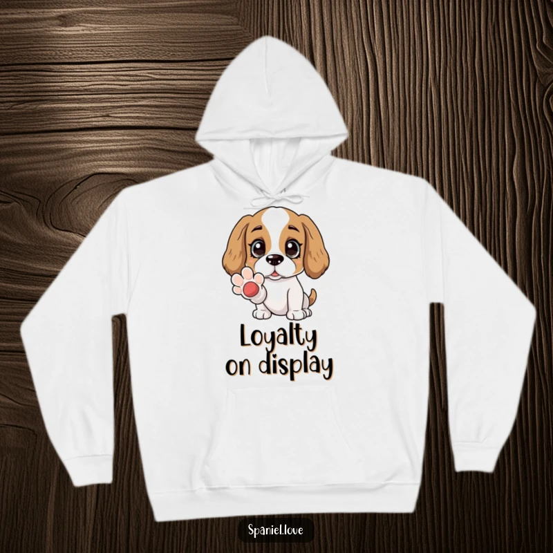 Funny Spaniel hoodie featuring wide, adoring eyes and an offered paw. This design combines cozy comfort with a powerful message of love and friendship.