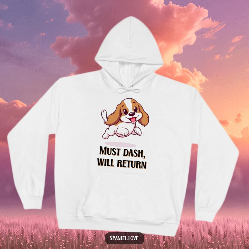 Funny spaniel character in a fast sideways scurry, tail wagging furiously, printed on a soft hoodie.