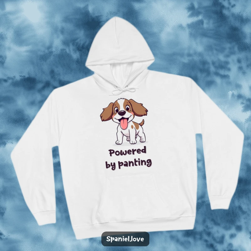 Funny Spaniel Hoodie depicting a happy, panting spaniel with its tongue out, perfect for post-run relaxation.