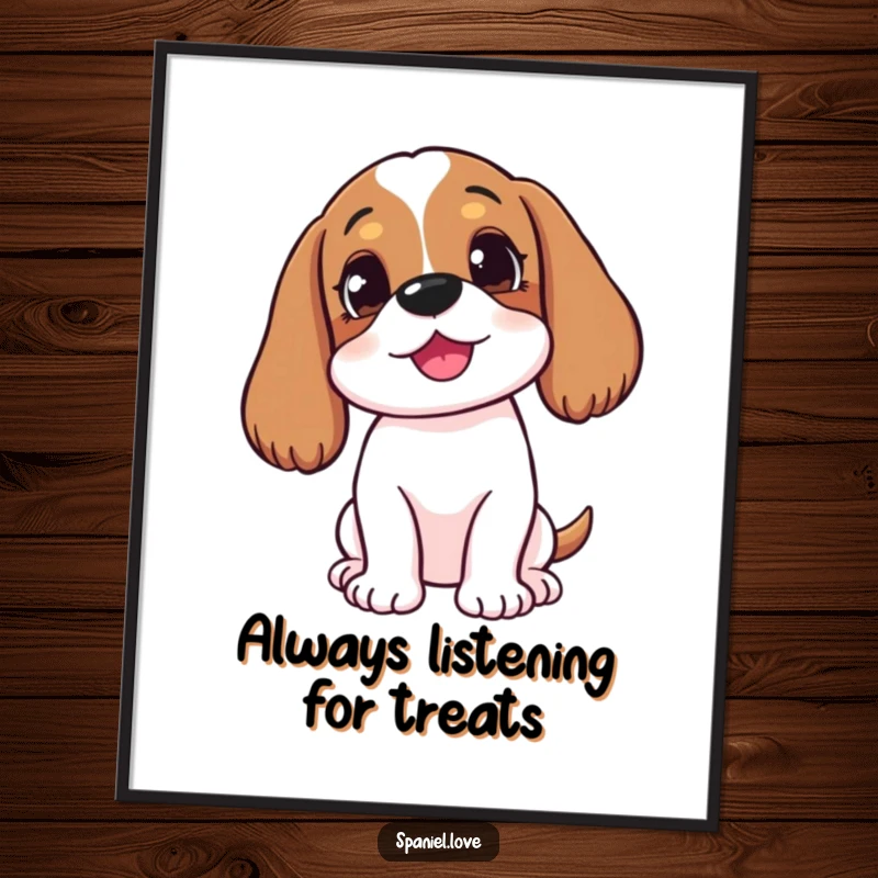 Funny Free Printable Wall Art: A happy spaniel tilts its head, listening intently to something interesting.
