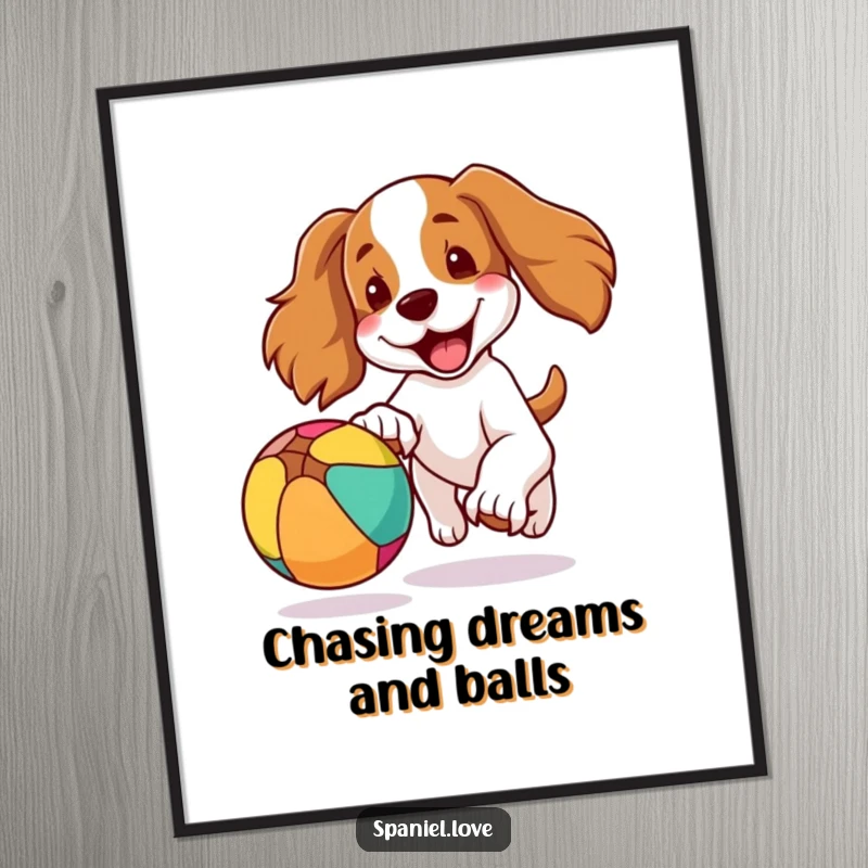Funny Free Printable Wall Art: A spaniel in full pursuit of a colorful bouncing ball, ears flapping wildly.