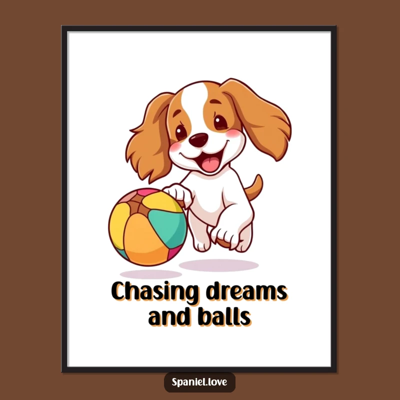 Free Printable Funny Wall Art: Spaniel Chasing Ball, Joyful Downloadable Decor for Dog Lovers
