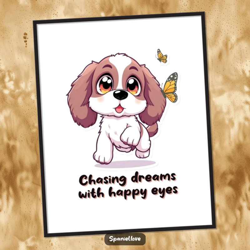 Funny Free Printable Wall Art: A spaniel with big sparkling eyes leaps towards a butterfly, creating downloadable enchantment.
