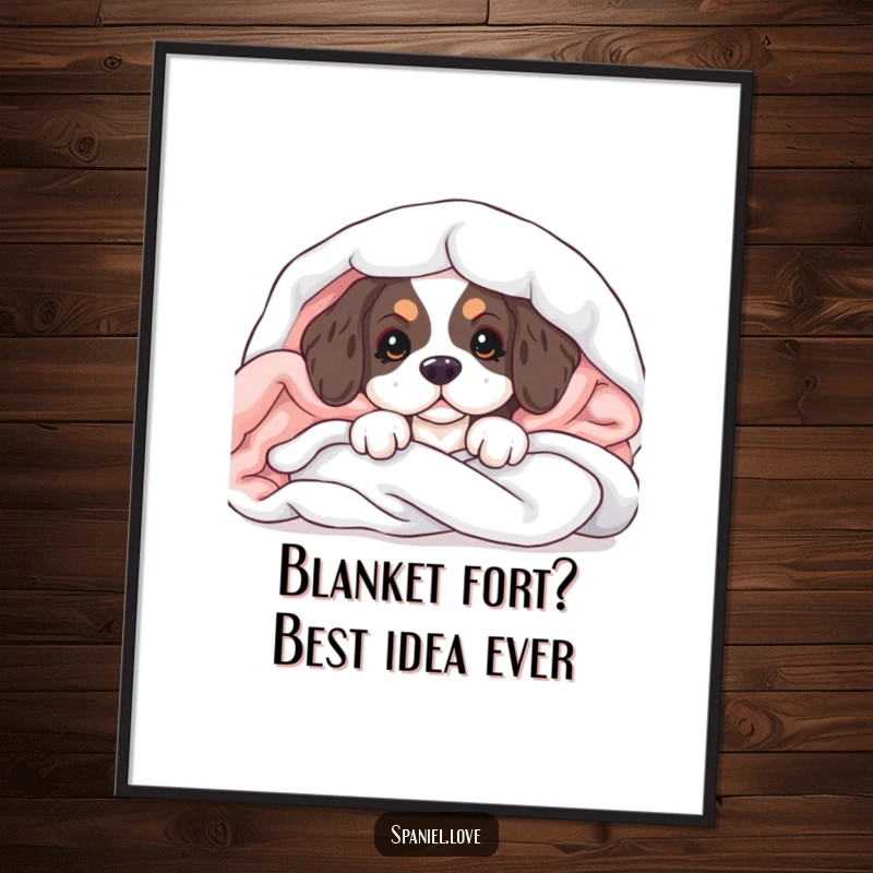 Cute Free Printable Wall Art: A spaniel puppy peeks out from a soft pile of blankets.