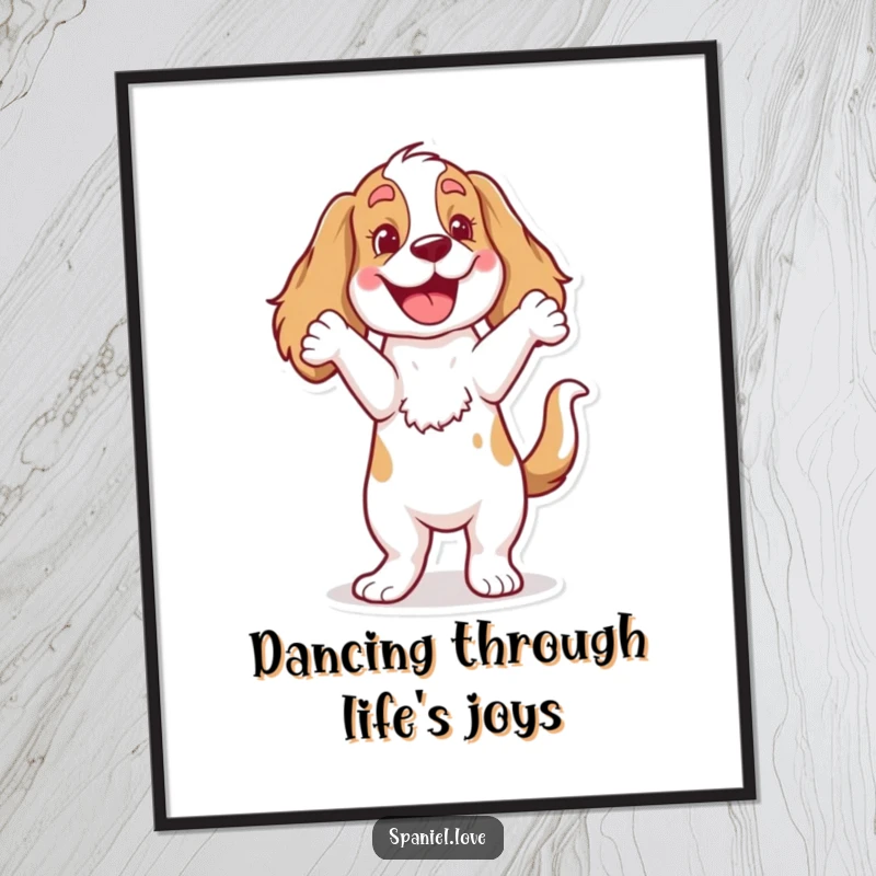 Funny Free Printable Wall Art: A happy spaniel with a furiously wagging tail is caught in a comical, joyous dance.