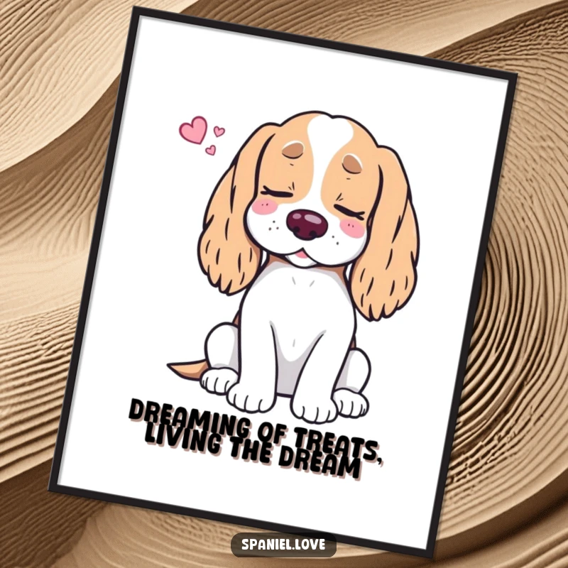 Funny Free Printable Wall Art: Spaniel with closed eyes dreaming of endless treats, a whimsical dog print.