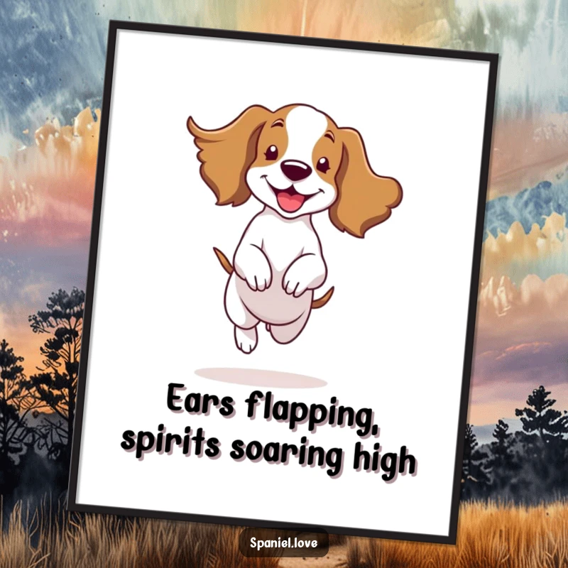 Funny Free Printable Wall Art: A spaniel character caught mid-bounce, its ears flapping wildly in the wind.