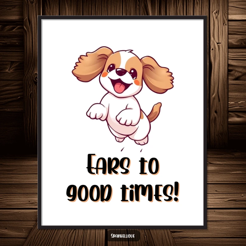 Funny free printable wall art: Kawaii spaniel with floppy ears flying wildly, captured in a joyful, exuberant mid-air leap.