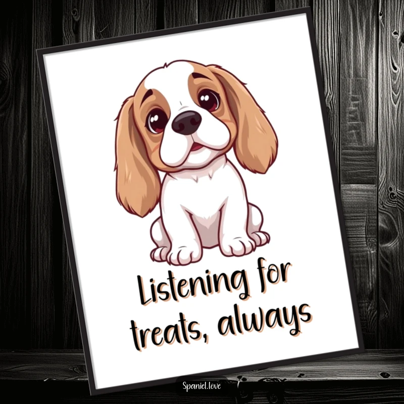 Funny Free Printable Wall Art: Spaniel with perked ears and tilted head listens intently, charming downloadable decor.