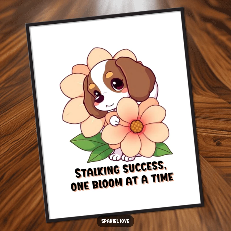 Funny Free Printable Wall Art: A cute spaniel playfully peeking from behind a giant flower, tail wagging happily.
