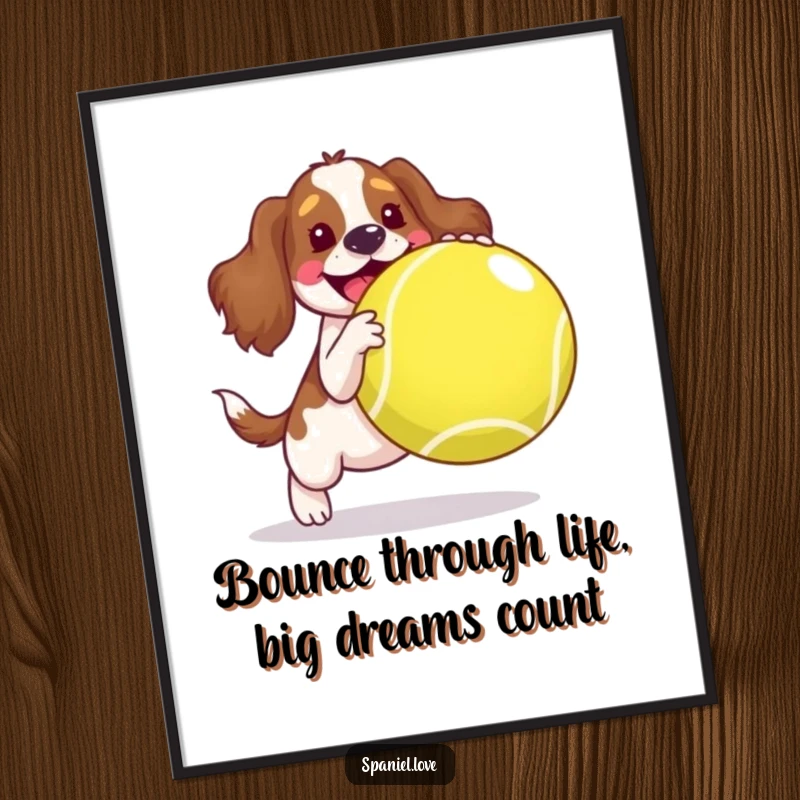 Funny Free Printable Wall Art: A spaniel character joyfully bouncing a giant, oversized tennis ball, radiating pure happiness.