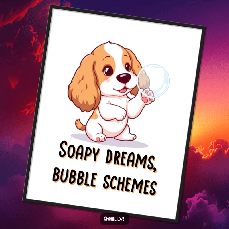 Funny Free Printable Wall Art: A spaniel pup mesmerized by a floating bubble, creating a cheerful, downloadable scene.