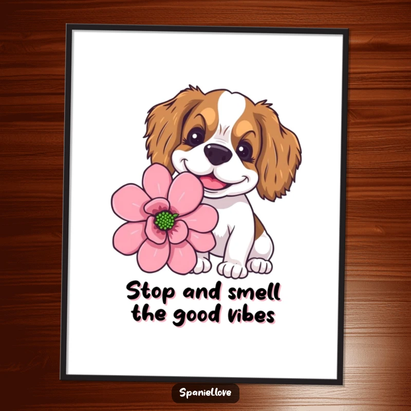 Funny Free Printable Wall Art: A happy spaniel with a wide, goofy smile intently sniffing a huge, vibrant flower.