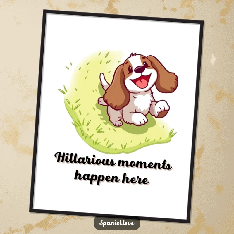 Funny Free Printable Wall Art: A happy spaniel captured mid-slide down a stylized grassy hill, full of gleeful motion.