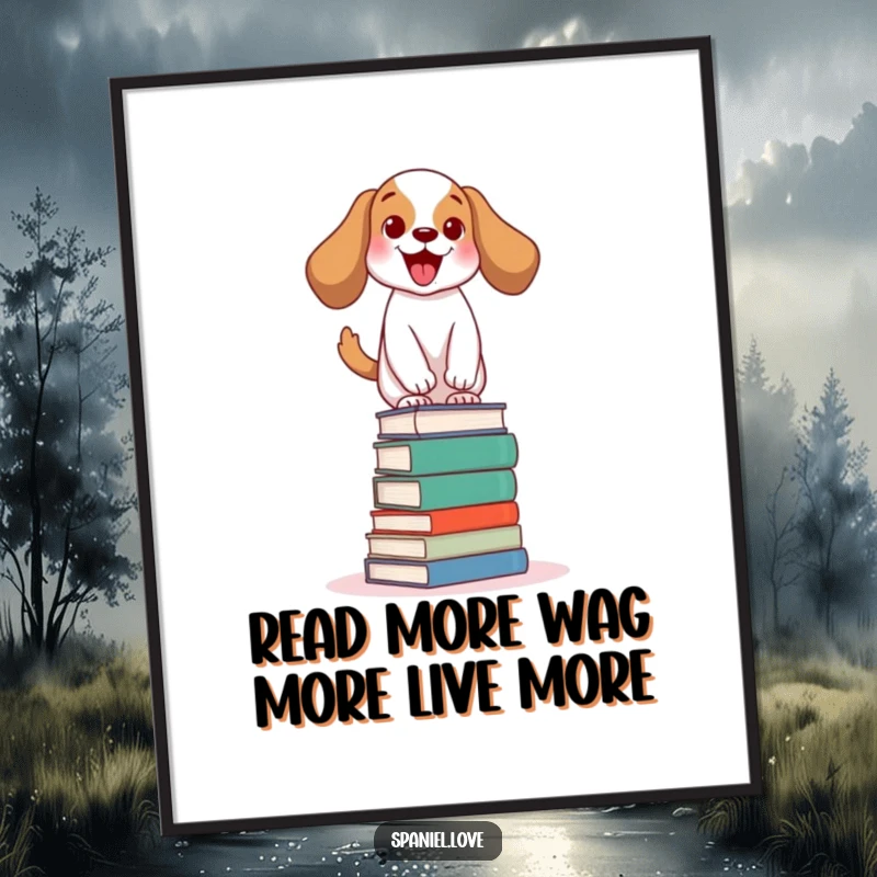 Funny Free Printable Wall Art: A spaniel excitedly wags its tail while skillfully balancing on a tall stack of books.