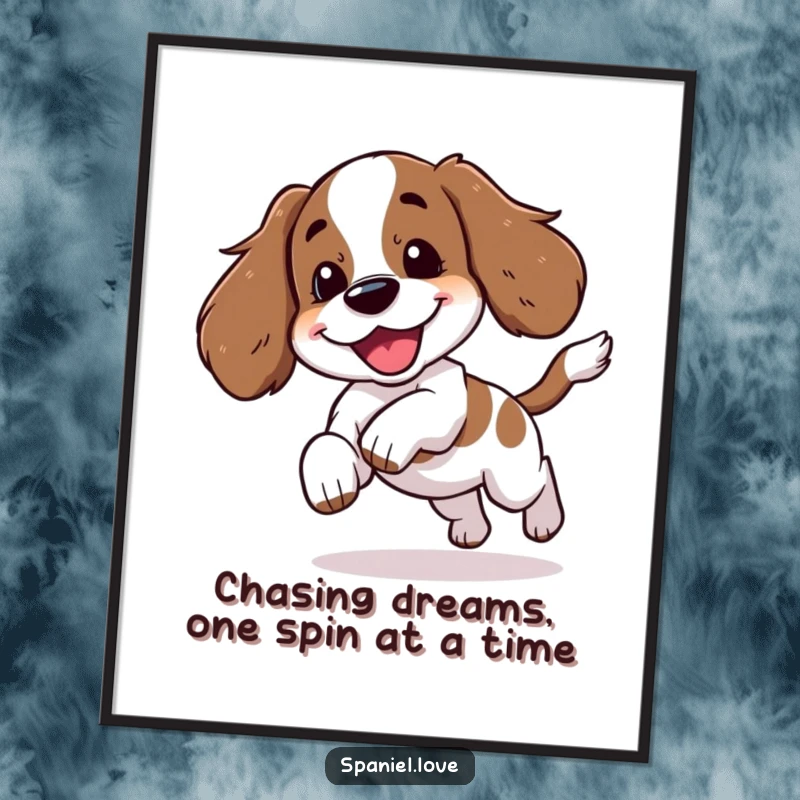 Funny Free Printable Wall Art: A spaniel character in mid-chase, playfully spinning after its tail with a yip.