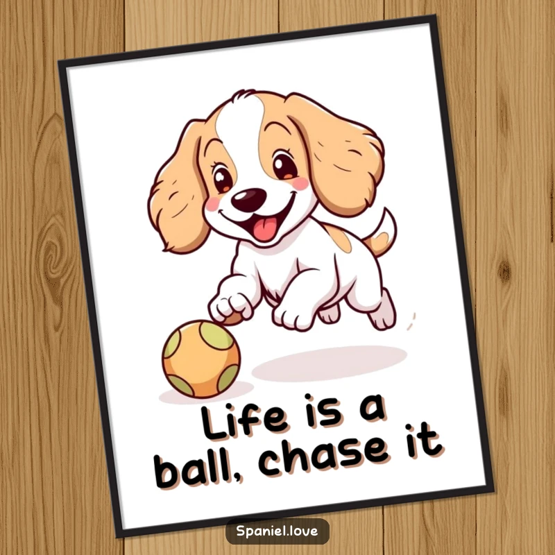 Funny Free Printable Wall Art: A spaniel with floppy ears joyfully chasing a bouncing ball, capturing downloadable fun.
