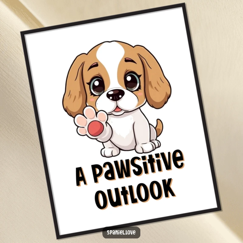 Funny Free Printable Wall Art: A spaniel character with wide, adoring eyes, offering its paw affectionately.
