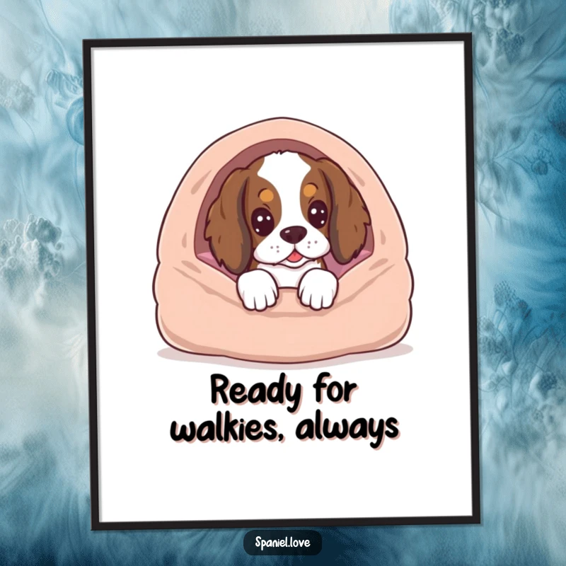 Funny free printable wall art of a spaniel peeking from behind a cozy dog bed, full of anticipation.