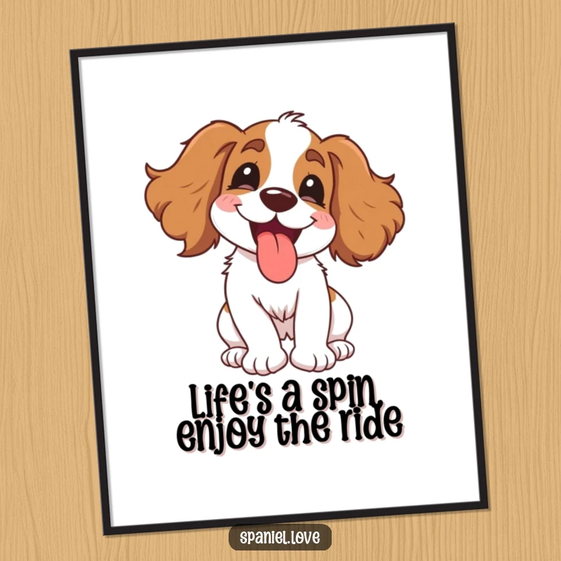 Funny Free Printable Wall Art: A happy spaniel spinning energetically with its tongue out, exuding pure joy.