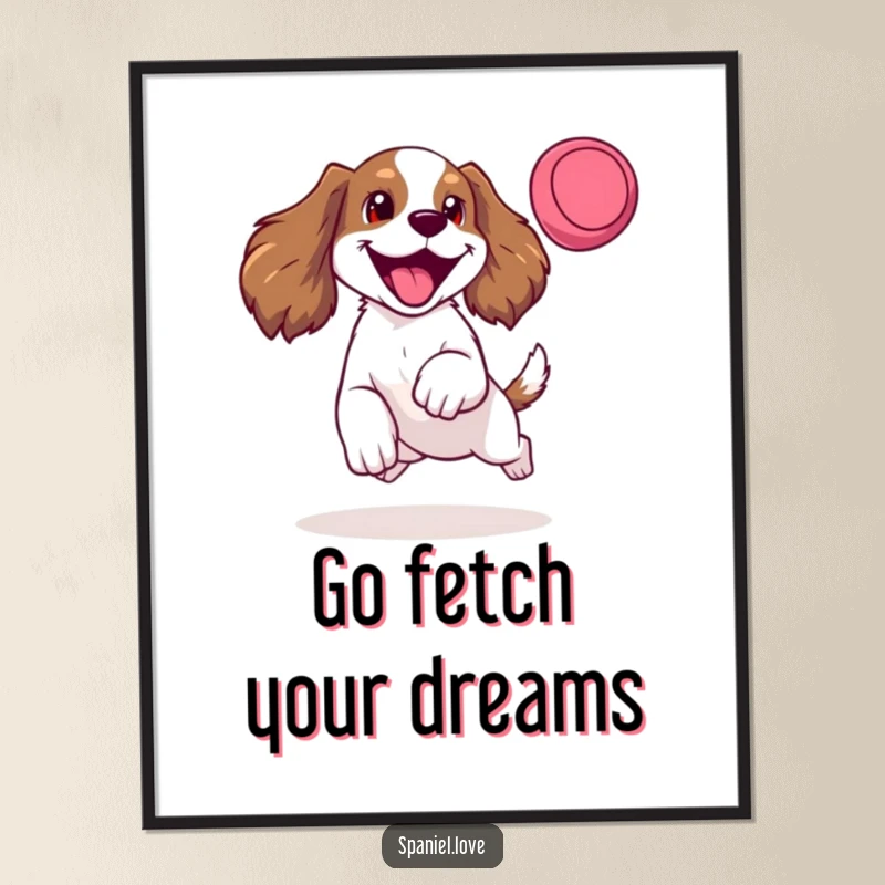 Funny Free Printable Wall Art: A spaniel with a happy bark and tongue sticking out, mid-leap for a frisbee, capturing pure joy.