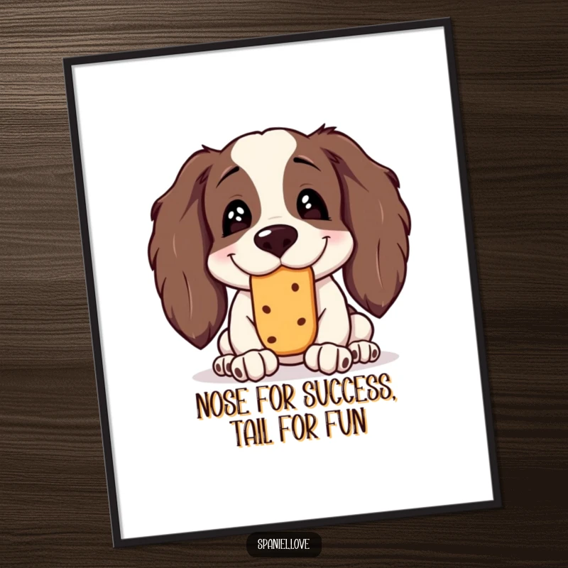 Funny Free Printable Wall Art: Adorable spaniel with a silly grin balancing a treat on its nose.