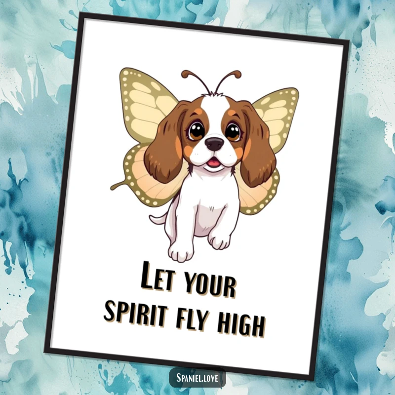 Funny Free Printable Wall Art: A surprised spaniel is gently lifted and carried by a large, friendly butterfly.
