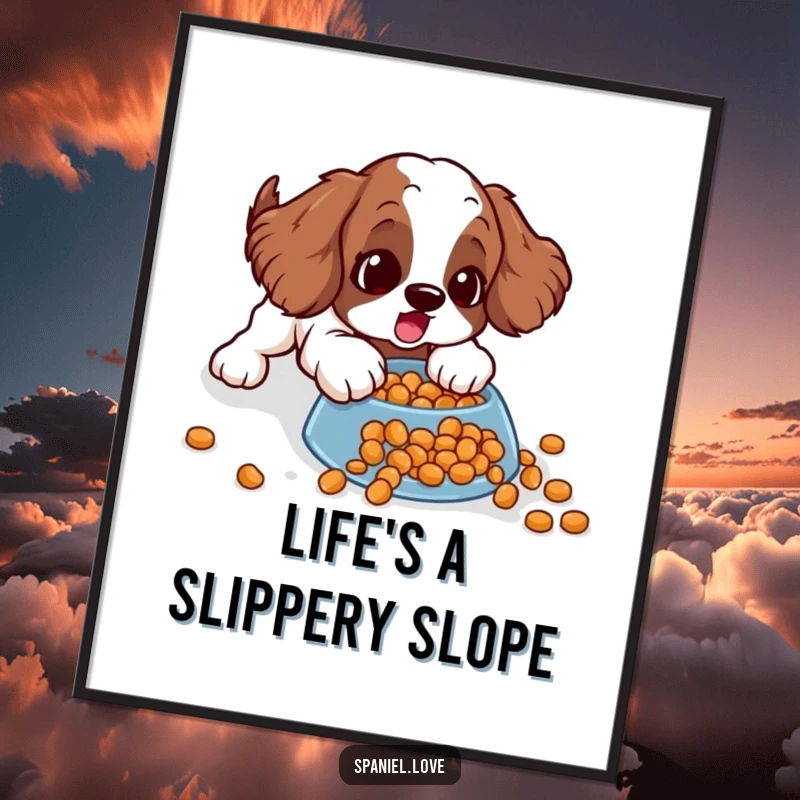 Funny free printable wall art of a spaniel comically sliding on a spilled bowl of kibble with a surprised face.
