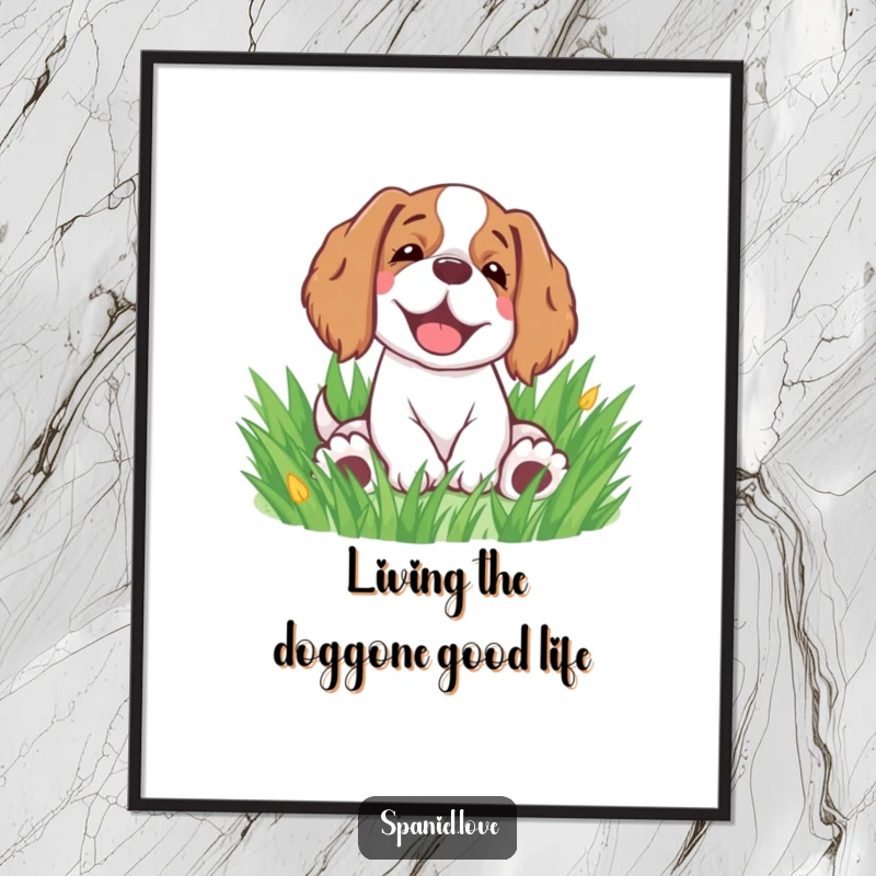 Funny Free Printable Wall Art: A spaniel with a happy sigh rolling freely in lush green grass. Contentable downloadable art.