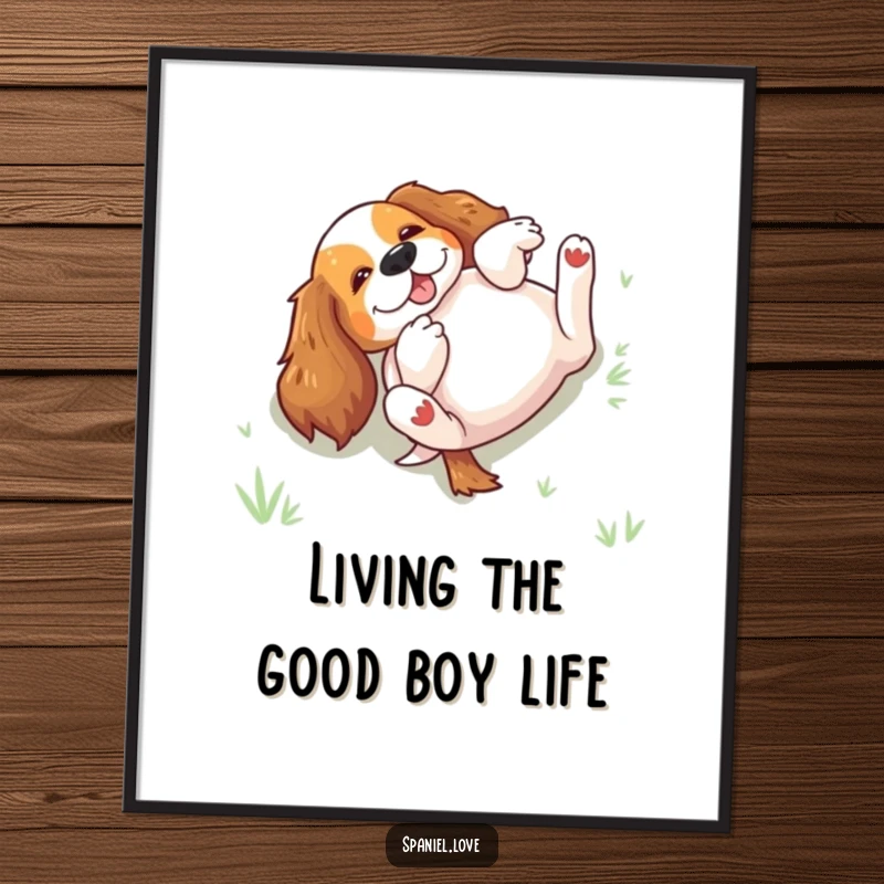 Funny Free Printable Wall Art: An excited spaniel is joyfully rolling on its back in the grass.