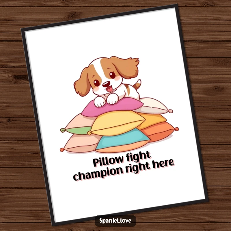 Funny free printable wall art: A spaniel mid-pounce on colorful pillows, a dynamic and playful downloadable artwork.