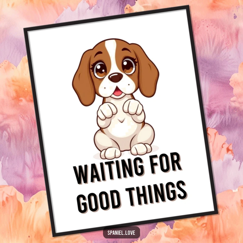 Funny Free Printable Wall Art: A spaniel sits upright with paws clasped, wide excited eyes showing expectant hope.