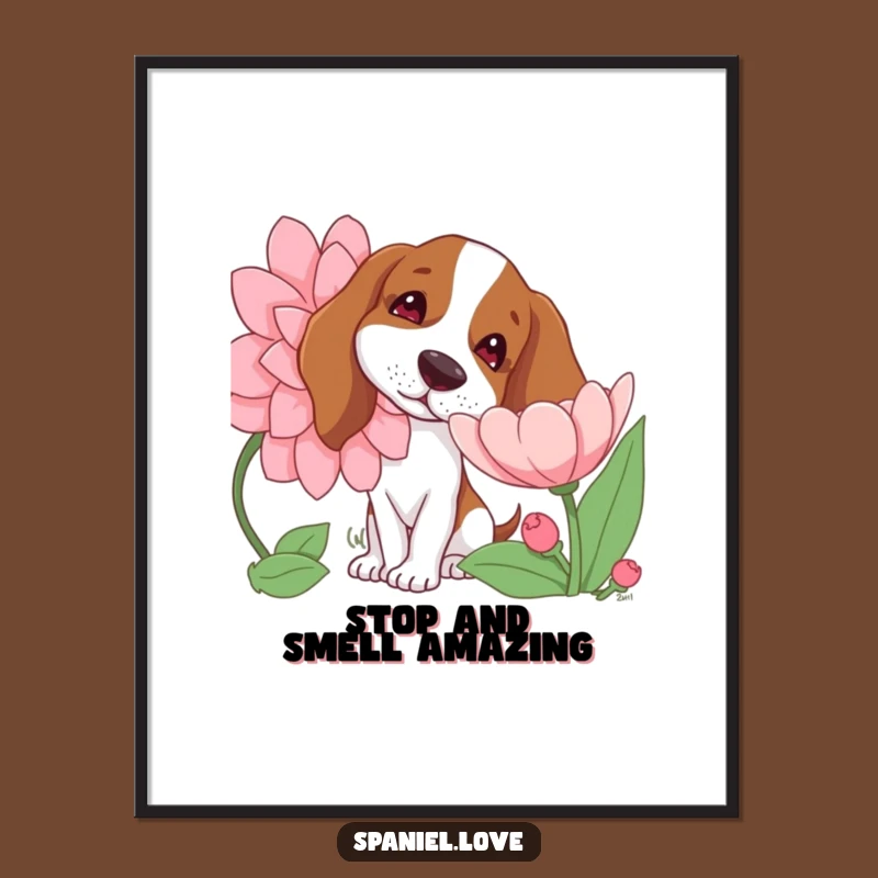 Free Printable Funny Wall Art: Spaniel Sniffing Flower, Charming Downloadable Decor for Any Room