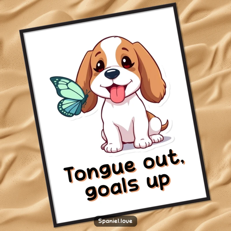 Funny Free Printable Wall Art: Spaniel hilariously trying to catch a butterfly, tongue sticking out in playful pursuit. Whimsical and charming.