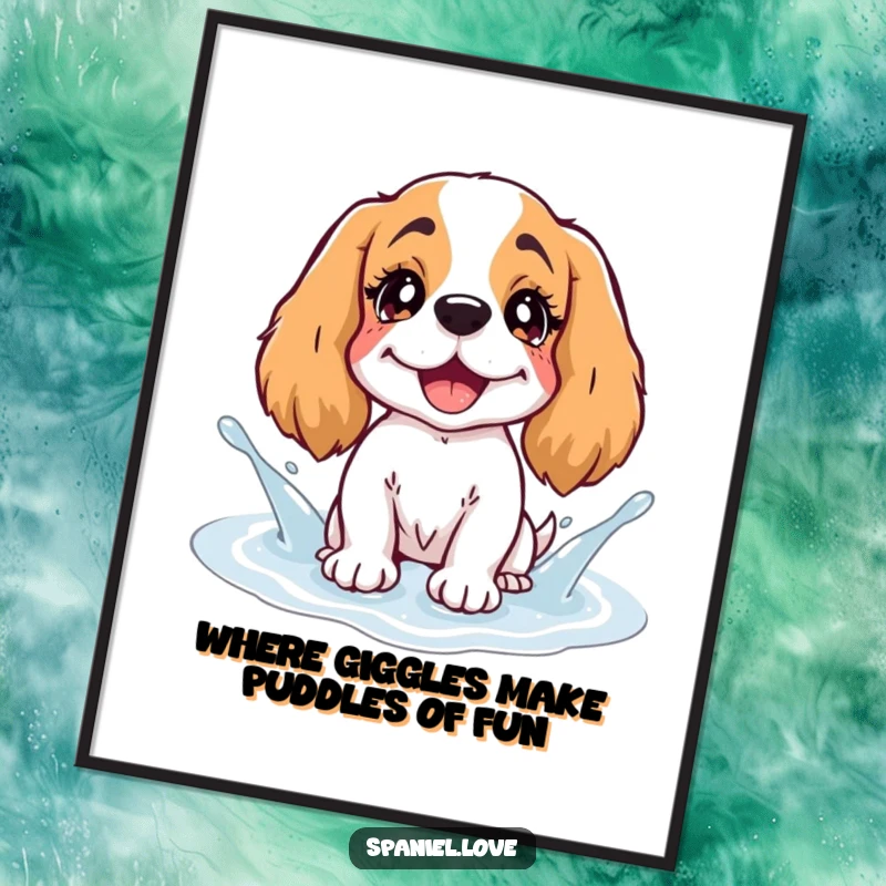 Funny Free Printable Wall Art: A spaniel with twinkling eyes splashing gleefully in a puddle of giggles.