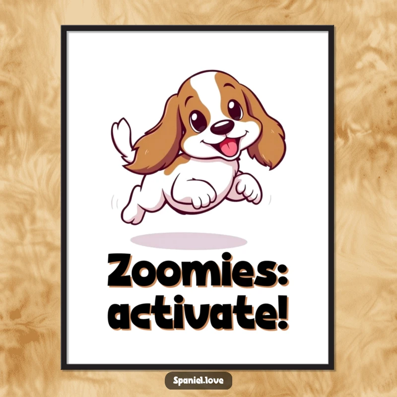 Funny free printable wall art of a spaniel doing a speedy, sideways scurry with its tail a blur.